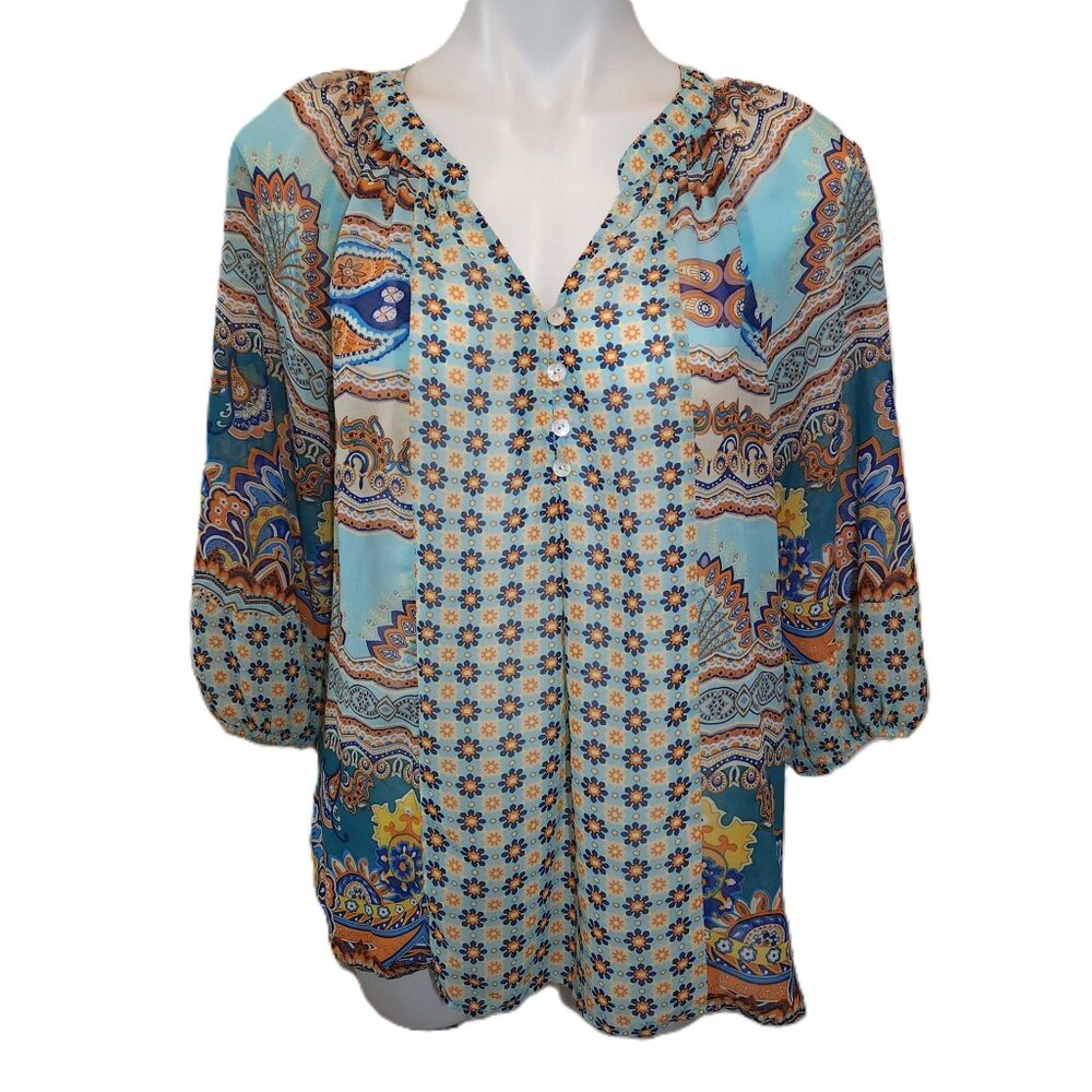New Directions boho top Women's medium chiffon blouse Multicolor peasant shirt